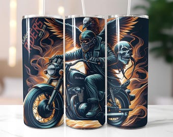 Skull Rider Tumbler Wrap PNG – 20oz Sublimation Design with Biker, Flames, and Skull Art, Digital Download for Moto Enthusiasts