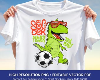 Cool Soccer Dino T-Shirt Design – Funny Green Dinosaur Playing Football, Sublimation PNG & Editable Vector PDF for Kids Shirt, Png Download