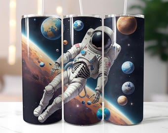 Floating Skeleton Astronaut Tumbler Wrap PNG, Space Skull 20 oz Skinny Tumbler Sublimation, Galaxy Sci-Fi Cup Design