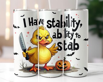 Funny Duck Tumbler Wrap PNG – 20oz Sublimation Design with Knife, Halloween Pumpkins & Bats, Dark Humor Wrap