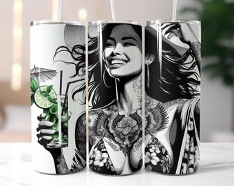 Tattooed Woman Tumbler Wrap PNG – 20oz Skinny Sublimation Design with Floral Ink, Mojito Cocktail, Summer Hat, Black & White Tropical Art