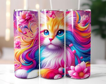 Colorful Cat Tumbler Wrap PNG, Fantasy Floral Kitty Design, 20 oz Skinny Tumbler Sublimation, Rainbow Fur Cup Wrap