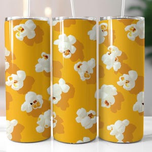 Popcorn Tumbler Wrap PNG – 20oz Skinny Sublimation Design with Funny White Popcorn Pattern on Yellow Background – Digital Instant Download