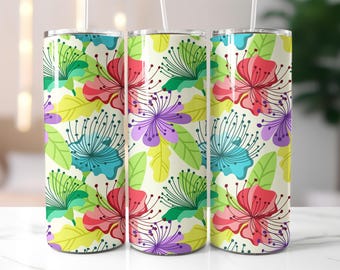 Tropical Line Art Floral Tumbler Wrap PNG – 20oz Skinny Sublimation Design with Bright Modern Flowers, Colorful Leaves & Summer Vibes