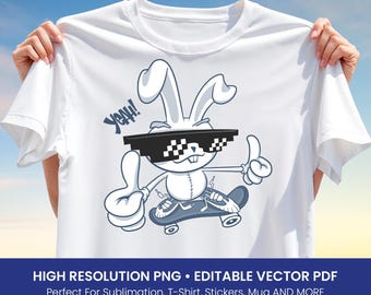 Cool Bunny Skateboard T-Shirt Design – Funny Street Style Rabbit Clipart with Glasses for Sublimation PNG & Editable Vector PDF for Teens