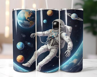 Astronaut Space Tumbler Wrap PNG – 20oz Skinny Sublimation Design with Floating Astronaut and Colorful Planets, Galaxy Theme