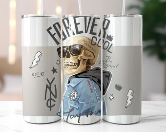 Forever Cool Skull Tumbler Wrap PNG – 20oz Skinny Sublimation Design with Graffiti, Street Style & Urban Attitude Art
