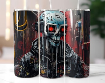 Cyberpunk Skull Tumbler Wrap PNG – 20oz Skinny Tumbler Sublimation Design with Red-Eyed Robot, Graffiti Hoodie & Futuristic Urban Art PNG