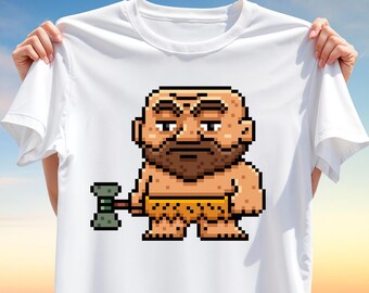 Pixel Caveman T-Shirt PNG – 8-Bit T-Shirt Design for Sublimation, Retro Game Character Clipart for Gamer Apparel and Nostalgic Style Project