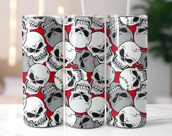 Skull Collage Tumbler Wrap PNG – 20oz Sublimation Design with Grunge Horror Skull Pattern, Red & Grey Gothic Punk Cup Art
