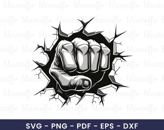 Punch Through Wall SVG Design, Cracked Wall Fist Clipart for Cricut, Explosion Breakout Vector, Strong Hand PNG Cut File
