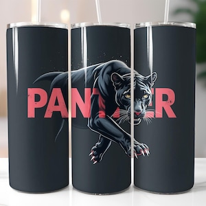Panther Tumbler Wrap PNG – 20oz Skinny Tumbler Sublimation Design with Black Panther Art, Bold Pink Text, Powerful Jungle Animal Style