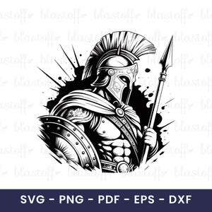 Puede incluir: Ilustración en blanco y negro de un guerrero espartano de perfil, sosteniendo una lanza y un escudo. El guerrero lleva un casco y una armadura. La imagen tiene un estilo gráfico audaz con un efecto de salpicadura en el fondo. La parte inferior de la imagen incluye el texto "SVG - PNG - PDF - EPS - DXF".