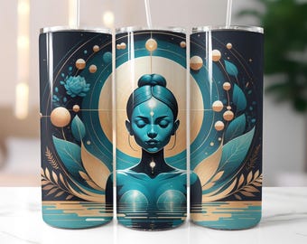 Mystic Woman Tumbler Wrap PNG – 20oz Skinny Sublimation Design with Spiritual Goddess, Gold & Teal Leaves, Sacred Geometry, Lotus Flowers