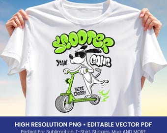 Scooter Gang Dog T-Shirt Design – Funny Cool Doggy on Scooter Clipart with Cartoon Text PNG & Editable Vector PDF for Kids, Sublimation file