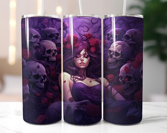 Gothic Woman and Skull Tumbler Wrap PNG, Dark Roses Sublimation Design, 20 oz Skinny Tumbler Wrap for Halloween or Gothic Crafts