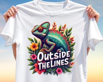 Outside The Lines Chameleon T-Shirt Design – Colorful Lizard PNG for Sublimation, Bold Jungle Clipart, Creative Reptile Shirt Art