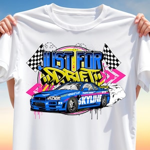 Just for Drift T-shirtdesign – Blå JDM Skyline PNG, Driftbil Clipart för sublimering, konst i urban gaturacingstil