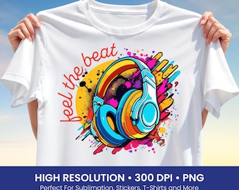 Feel the Beat T-Shirt Design PNG, Colorful Headphones Clipart, Music Lover Sublimation File, DJ Audio Art, Vibrant Streetwear Graphic