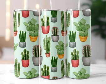 Cactus Tumbler Wrap PNG – 20oz Skinny Sublimation Design with Watercolor Succulents & Potted Plants on Pastel Green Background