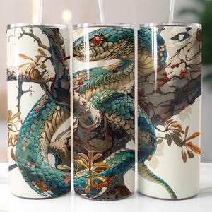 Snake Tumbler Wrap PNG – 20oz Sublimation Design with Realistic Blue Green Serpent Wrapped on Branches, Reptile Art Digital Download