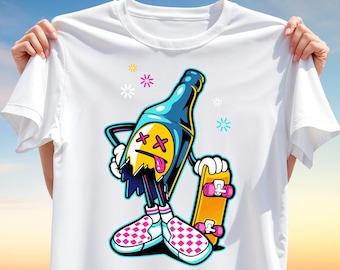 Broken Bottle Skateboard T-Shirt PNG – Funky Streetwear T-Shirt Design, Cartoon Skater Sublimation Art for Urban Style and Youth Culture