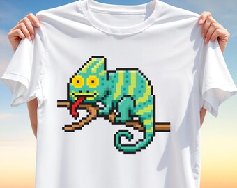 Pixel Chameleon T-Shirt PNG – Funny 8-Bit Lizard T-Shirt Design for Sublimation, Retro Clipart for Gamer Apparel, Nerdy & Cute Pixel Art