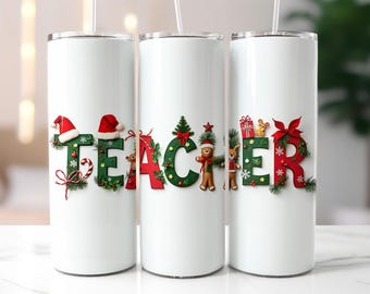 Christmas Teacher Tumbler Wrap PNG – 20oz Skinny Sublimation Design with Candy Canes, Santa Hat, Gifts & Gingerbread, Holiday Digital Wrap