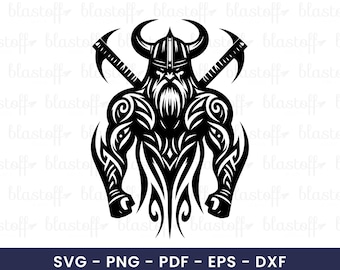 Viking Warrior SVG – Tribal Norse Clipart with Horned Helmet and Axes for T-Shirt Sublimation & Tattoo Design