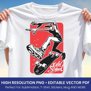May include: White t-shirt featuring a black and white graphic of a skateboarder mid-air, set against a red rectangle. The skateboarder is performing a trick above a black skateboard. The words "Old School" are written in a script font. The shirt is held up by hands.