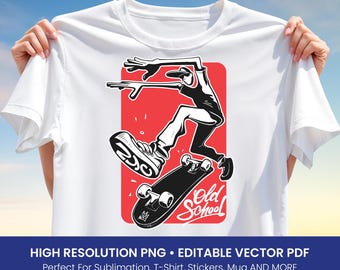 Old School Skateboard T-Shirt Design – Retro Skater Clipart with Red Background Style PNG & Editable Vector PDF for Sublimation, Streetwear