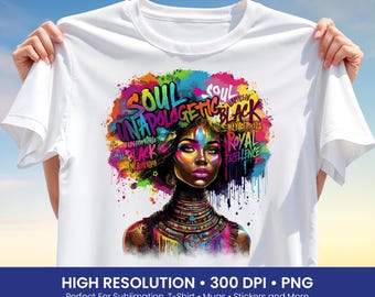 Camiseta afro colorida PNG: diseño de sublimación con orgullo melaninoso afrocéntrico, frase de alma sin complejos para camisetas y ropa.
