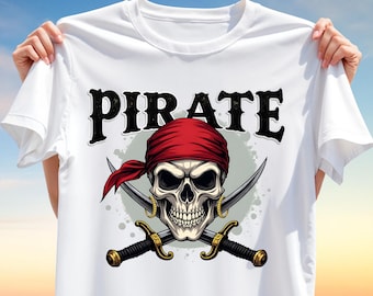 Pirate Skull T-Shirt Design - Bold Pirate Clipart PNG for Sublimation - Crossed Swords Graphic for Shirts, Mugs, Crafts, Printables and more