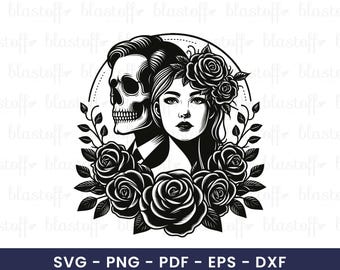 Skull and Woman Rose SVG File – Gothic Couple Tattoo Style Clipart for Dark Art Cricut Crafts, Love and Death Sublimation Design