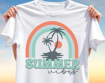 Summer Vibes T-Shirt Design PNG – Retro Sunset Rainbow with Palm Trees Clipart – Sublimation Design for Summer Shirts and Gifts