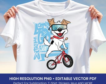 Extreme Sport Dog T-Shirt Design – Funny BMX Biker Puppy Clipart with Goggles & Graffiti Text PNG, Editable Vector PDF for Sublimation