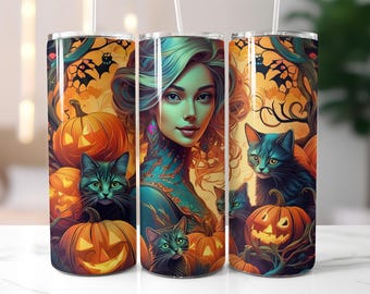 Halloween Themed Tumbler Wrap PNG – 20oz Skinny Sublimation Design with Black Cats, Pumpkins, Tattooed Woman, Autumn Leaves & Witchy Vibe