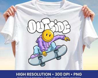 Outside Skate Png, Skateboard Smiley Png, Funny Skate Png, Street Skate Design, Skate T Shirt Design, Sublimation Print, DTF
