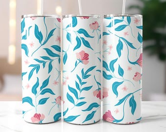 Minimal Floral Tumbler Wrap PNG – 20oz Skinny Sublimation Design with Pink Flowers & Blue Leaves on White Background – Digital Download