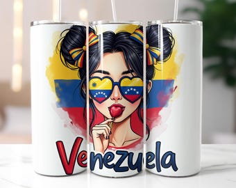 Venezuela Tumbler Wrap PNG – 20oz Skinny Tumbler Sublimation Design with Latina Girl, Flag Colors, Heart Glasses, Lollipop, National Pride