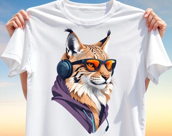 Lynx T-Shirt Design PNG – Cool Urban Style Wild Cat with Hoodie, Headphones & Sunglasses, Streetwear Sublimation Clipart