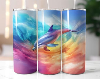 Colorful Dolphin Tumbler Wrap PNG, 20 oz Skinny Tumbler Sublimation Design, Abstract Ocean Animal Cup Wrap