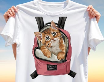 Say Cheese Cat PNG – Cute Kitten in Backpack Sublimation Design, Funny Cat Clipart for T-Shirts, Digital Download for Pet Lovers