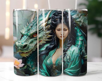 Fantasy Dragon Woman Tumbler Wrap PNG – 20oz Skinny Wrap with Asian Sorceress and Emerald Dragon – Mystical Sublimation Tumbler Wrap Design