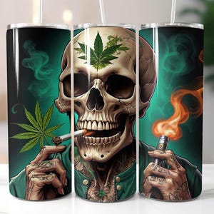 Tête de mort tumbler Wrap PNG, conception de sublimation squelette de fumer de l'herbe, art de tatouage cannabis, 20 oz Skinny Tumbler Wrap téléchargement numérique