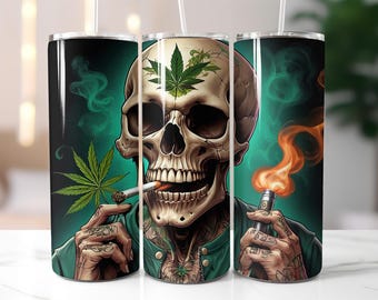 Skull Tumbler Wrap PNG, Weed Smoking Skeleton Sublimation Design, Cannabis Tattoo Art, 20oz Skinny Tumbler Wrap Digital Download