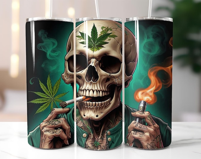 Featured listing image: Skull Tumbler Wrap PNG, Weed Smoking Skeleton Sublimation Design, Cannabis Tattoo Art, 20oz Skinny Tumbler Wrap Digital Download