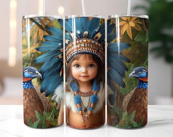 Tribal Girl with Birds Tumbler Wrap PNG, Pheasant and Feather Headdress 20 oz Skinny Tumbler Sublimation Design