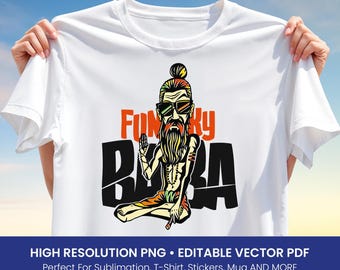 Funky Baba T-Shirt Design PNG – Boho Yoga Monk Clipart for Sublimation, Chill Meditation Style Graphic, Vector Art for Spiritual Shirts