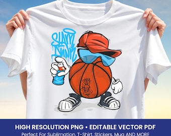 Slam Dunk Basketball T-Shirt Design – Urban Street Style Graffiti Ball Character Clipart for Sublimation PNG & Editable Vector PDF
